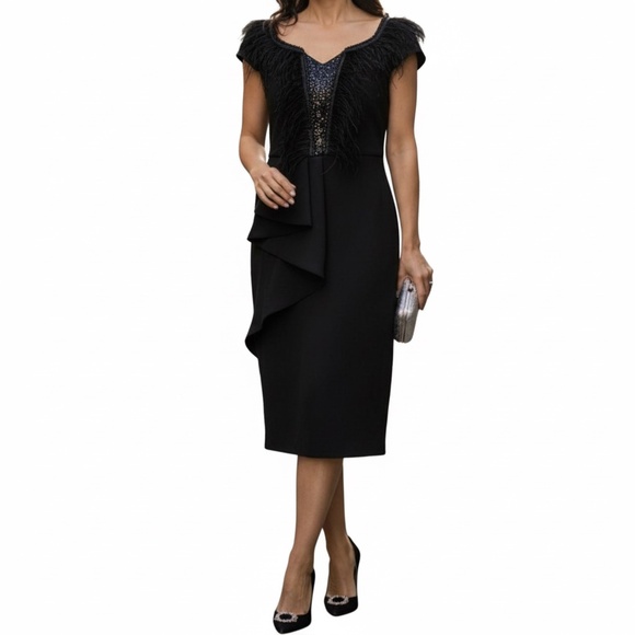 # A189For Her NYCBlack FeatherSequin Glam Night outDressNWTXL